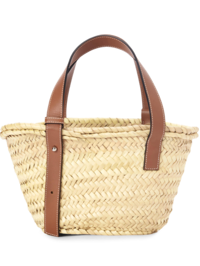 Auth LOEWE Basket Small 327.02.S93 Natural Tan Palm Leaf Calf Skin Tote Bag